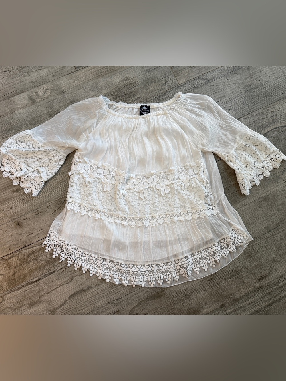 Le Marais 100% Silk Boho White Crochet-LaceTrim Peasant Off Shoulder Blouse Sz L